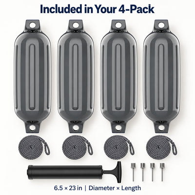 K-Musculo Boat Fenders 4 Pack, Inflatable Ribbed PVC Boat Bumpers with Ropes and Hand Pump