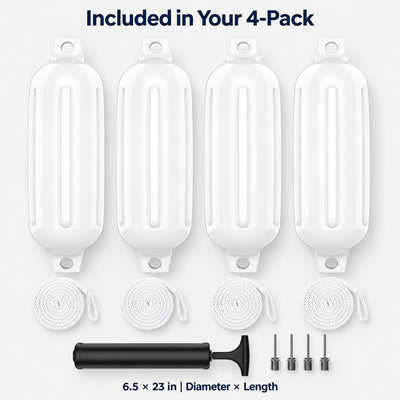 K-Musculo Boat Fenders 4 Pack, Inflatable Ribbed PVC Boat Bumpers with Ropes and Hand Pump
