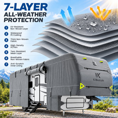 K-Musculo Fifth Wheel RV Cover with 7-Layer Top, Gray, 6 Size Options for 20-45 ft RVs