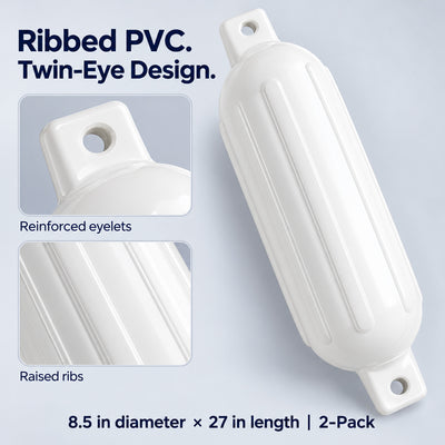K-Musculo Boat Fenders 2 Pack, 6.5 x 23 in Inflatable Ribbed PVC Boat Bumpers with Twin Eyes