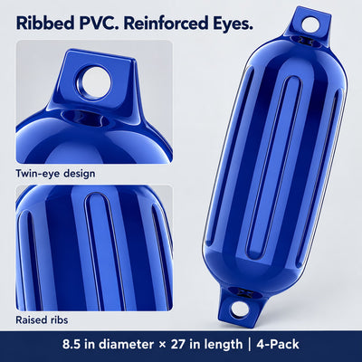 K-Musculo Boat Fenders 4 Pack, Inflatable Ribbed PVC Boat Bumpers with Ropes and Hand Pump