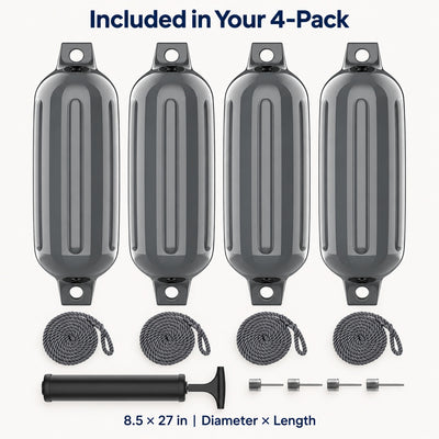 K-Musculo Boat Fenders 4 Pack, Inflatable Ribbed PVC Boat Bumpers with Ropes and Hand Pump