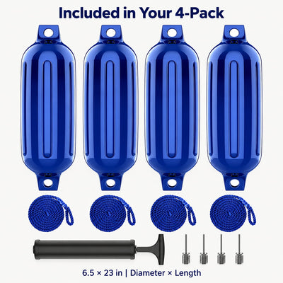 K-Musculo Boat Fenders 4 Pack, Inflatable Ribbed PVC Boat Bumpers with Ropes and Hand Pump