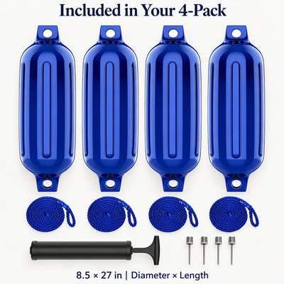 K-Musculo Boat Fenders 4 Pack, Inflatable Ribbed PVC Boat Bumpers with Ropes and Hand Pump