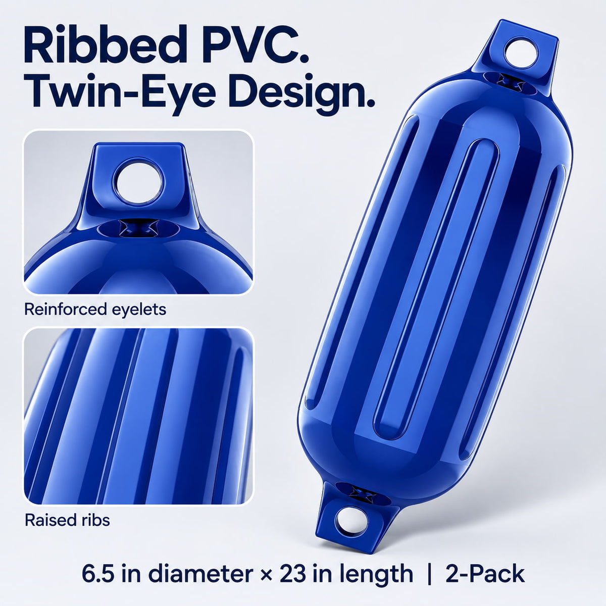 K-Musculo Boat Fenders 2 Pack, 6.5 x 23 in Inflatable Ribbed PVC Boat Bumpers with Twin Eyes