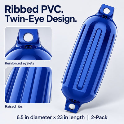 K-Musculo Boat Fenders 2 Pack, 6.5 x 23 in Inflatable Ribbed PVC Boat Bumpers with Twin Eyes