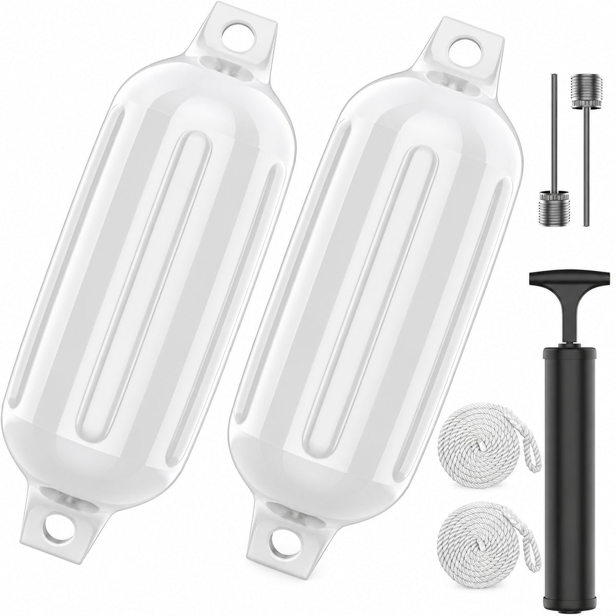 K-Musculo Boat Fenders 2 Pack, 6.5 x 23 in Inflatable Ribbed PVC Boat Bumpers with Twin Eyes