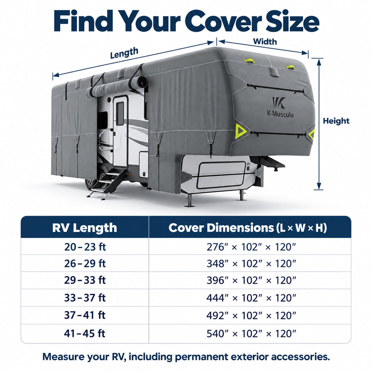 K-Musculo Fifth Wheel RV Cover with 7-Layer Top, Gray, 6 Size Options for 20-45 ft RVs
