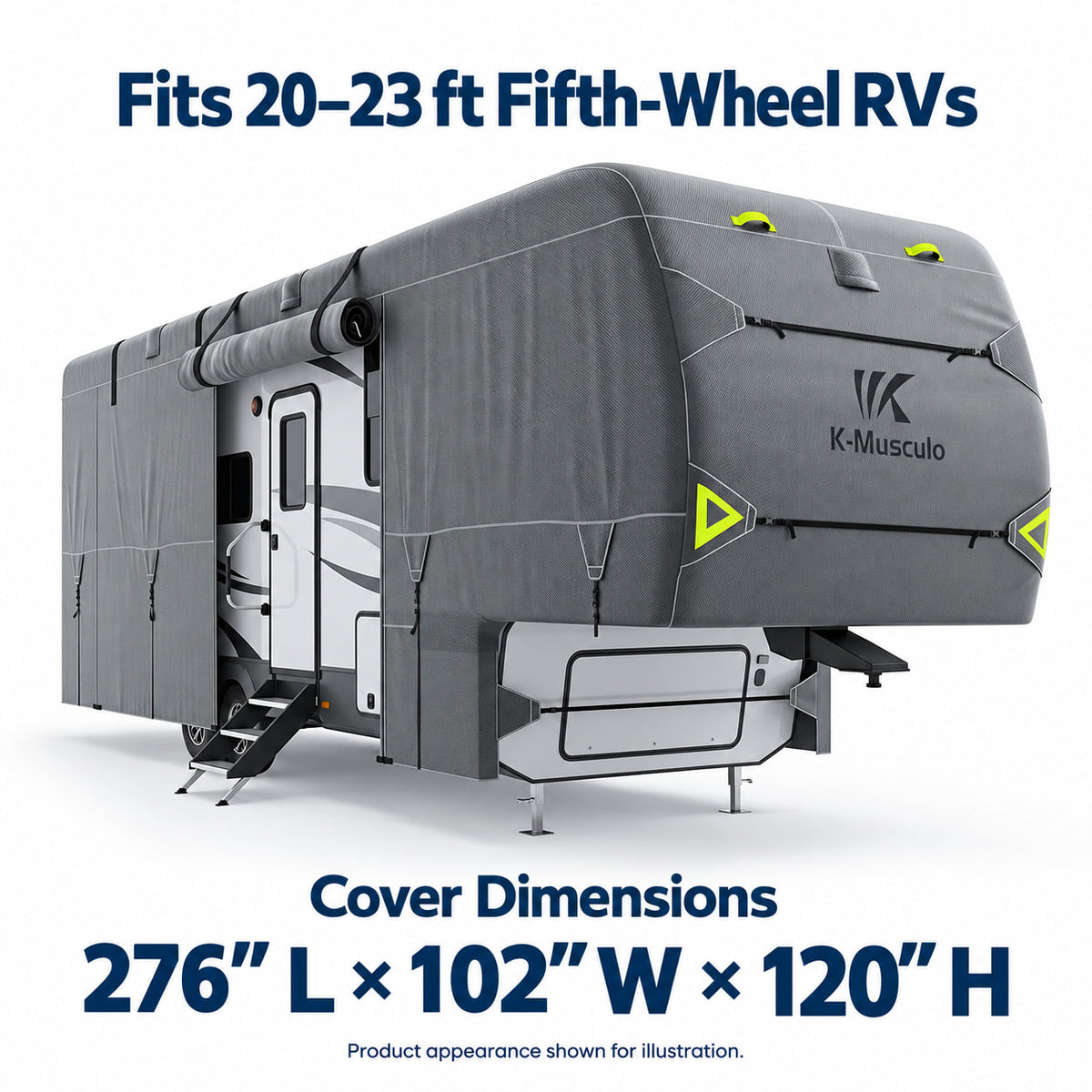 K-Musculo Fifth Wheel RV Cover with 7-Layer Top, Gray, 6 Size Options for 20-45 ft RVs