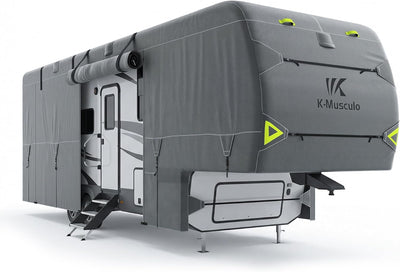 K-Musculo 5th Wheel RV Cover, 7-Layer Top Heavy Duty Waterproof Camper Cover with 4 Tire Covers & Gutter Covers