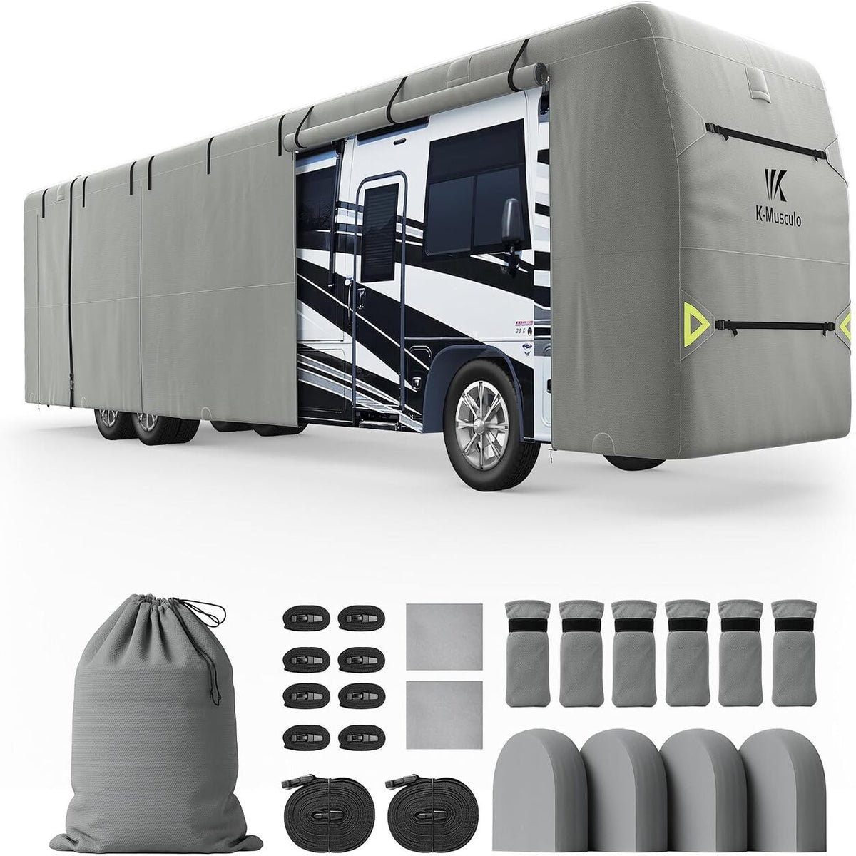 K-Musculo Class A RV Cover, Heavy Duty Waterproof Motorhome Cover with Tire Covers & Gutter Covers