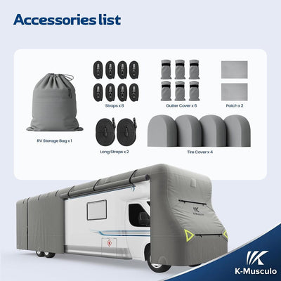 K-Musculo Class C RV Cover, Heavy Duty Waterproof Motorhome Cover with Tire Covers & Gutter Covers