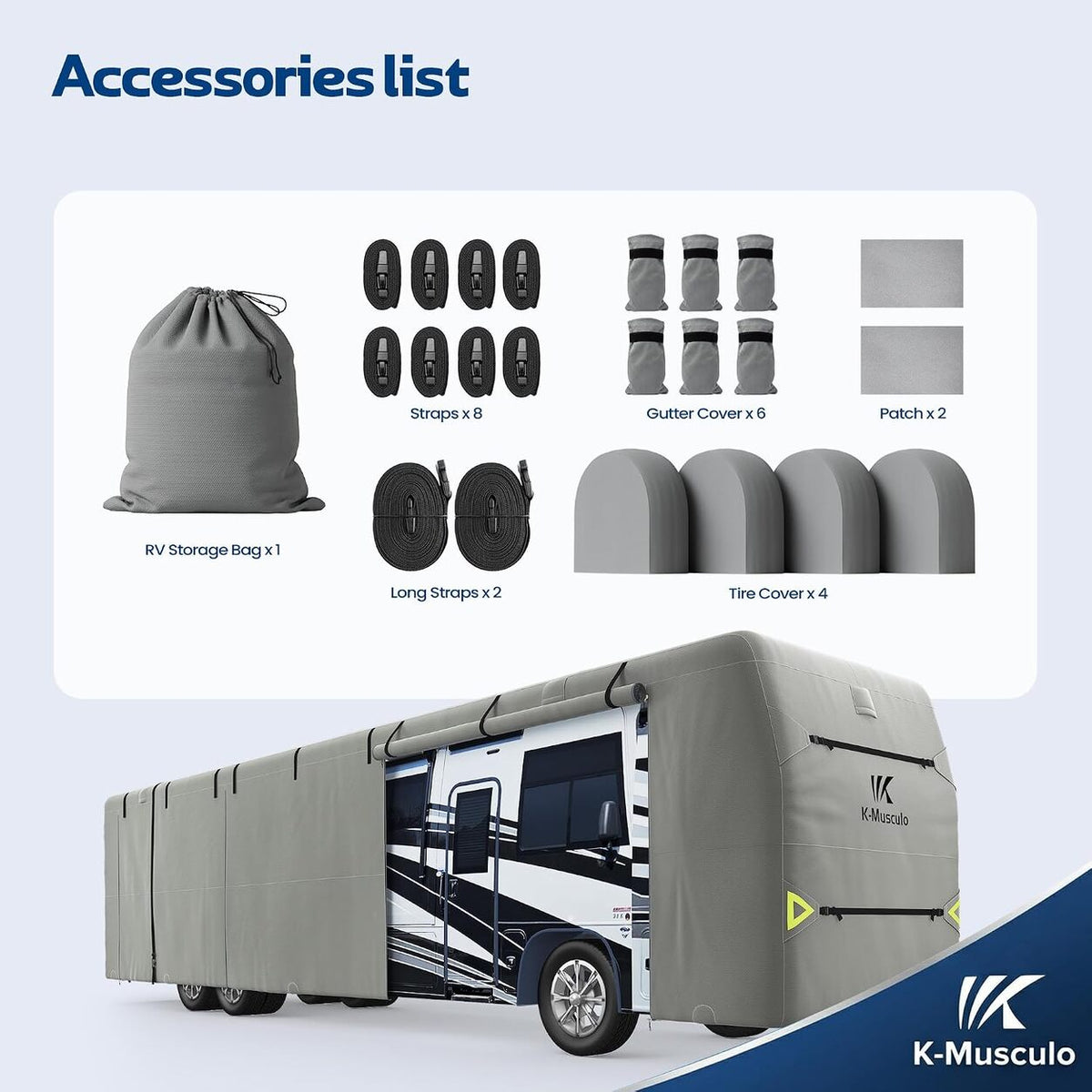 K-Musculo Class A RV Cover, Heavy Duty Waterproof Motorhome Cover with Tire Covers & Gutter Covers