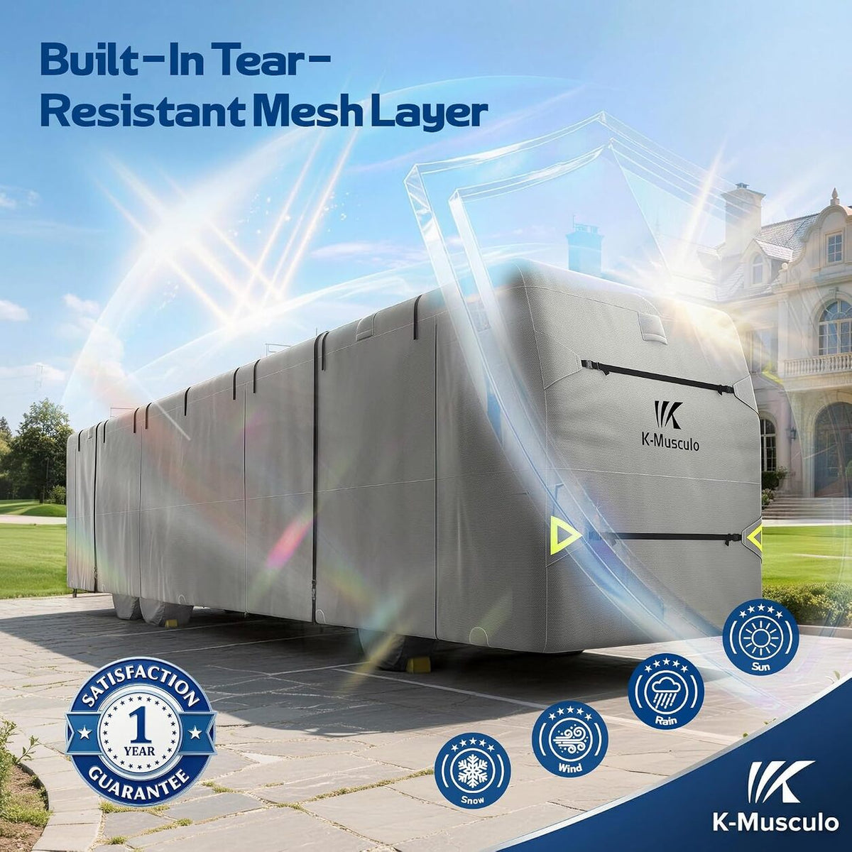 K-Musculo Class A RV Cover, Heavy Duty Waterproof Motorhome Cover with Tire Covers & Gutter Covers
