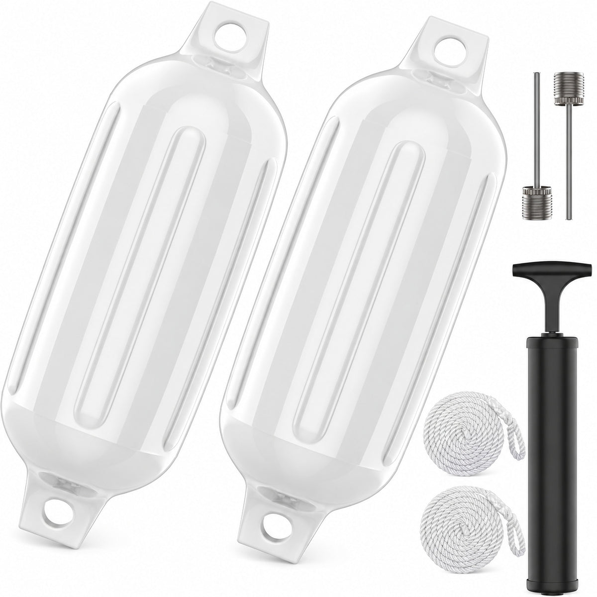 K-Musculo Boat Fenders 2 Pack, 6.5 x 23 in Inflatable Ribbed PVC Boat Bumpers with Twin Eyes