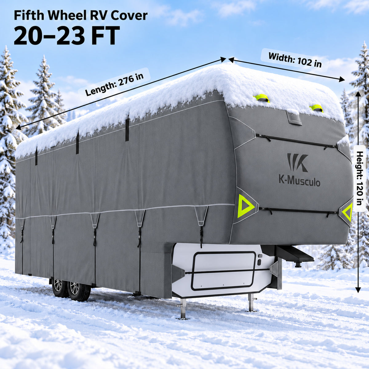 K-Musculo 5th Wheel RV Cover, 7-Layer Top Heavy Duty Waterproof Camper Cover with 4 Tire Covers & Gutter Covers