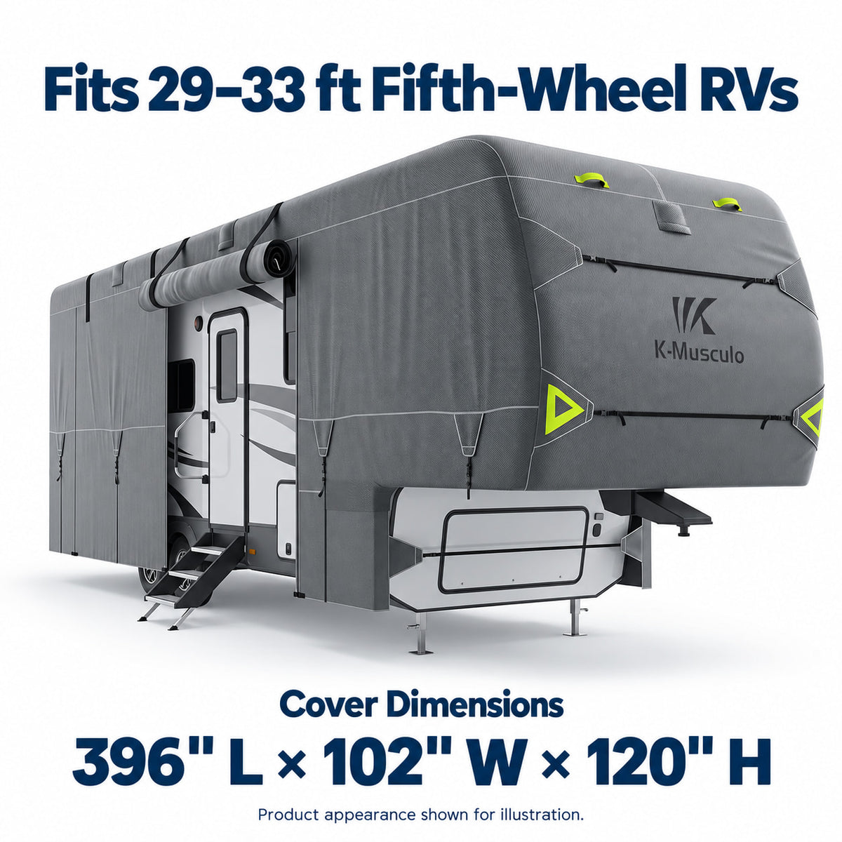 K-Musculo Fifth Wheel RV Cover with 7-Layer Top, Gray, 6 Size Options for 20-45 ft RVs