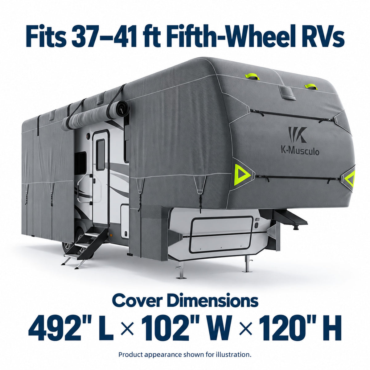K-Musculo Fifth Wheel RV Cover with 7-Layer Top, Gray, 6 Size Options for 20-45 ft RVs