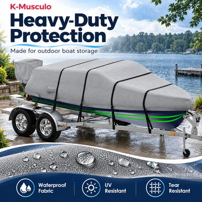 K-Musculo Heavy Duty Waterproof Boat Cover with Motor Cover for V-Hull and Tri-Hull Boats
