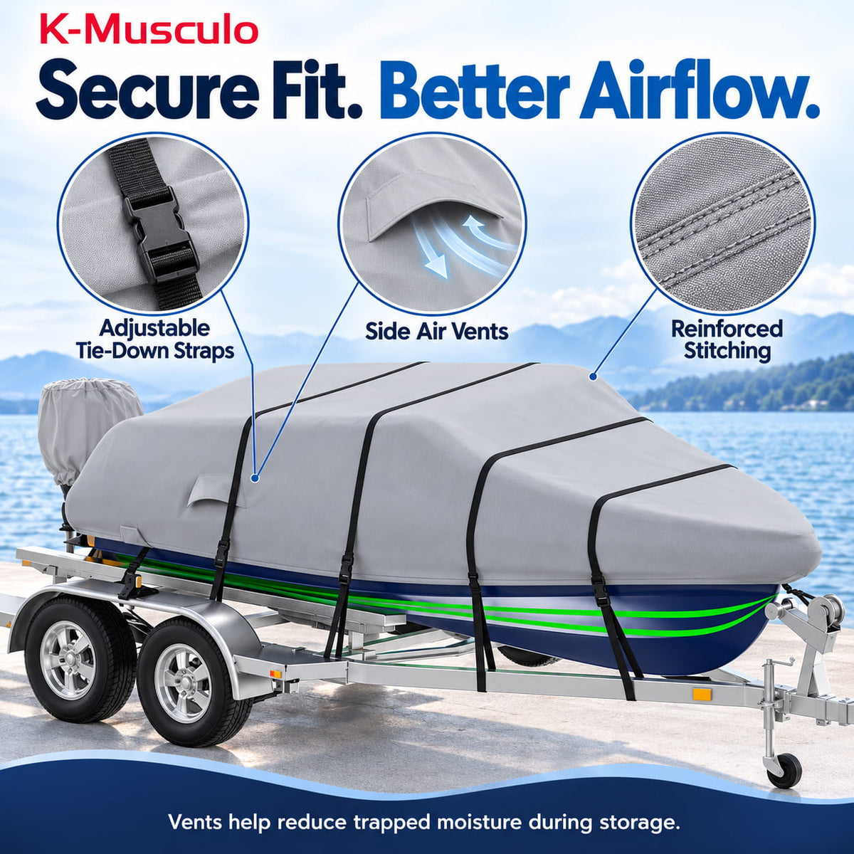K-Musculo Heavy Duty Waterproof Boat Cover with Motor Cover for V-Hull and Tri-Hull Boats
