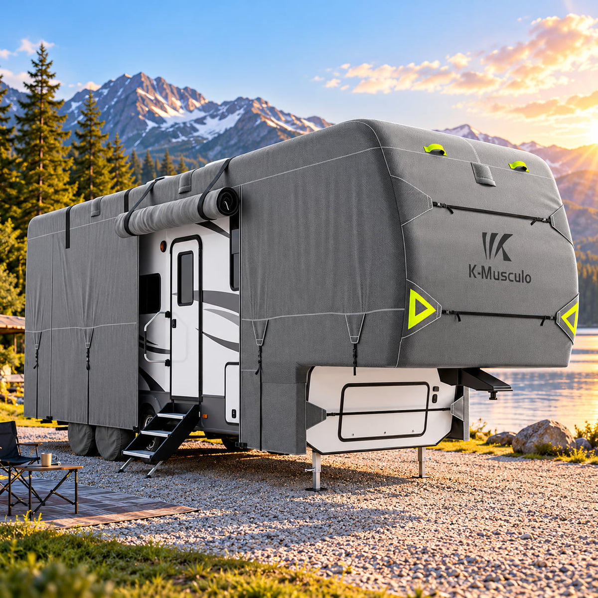 K-Musculo 5th Wheel RV Cover, 7-Layer Top Heavy Duty Waterproof Camper Cover with 4 Tire Covers & Gutter Covers