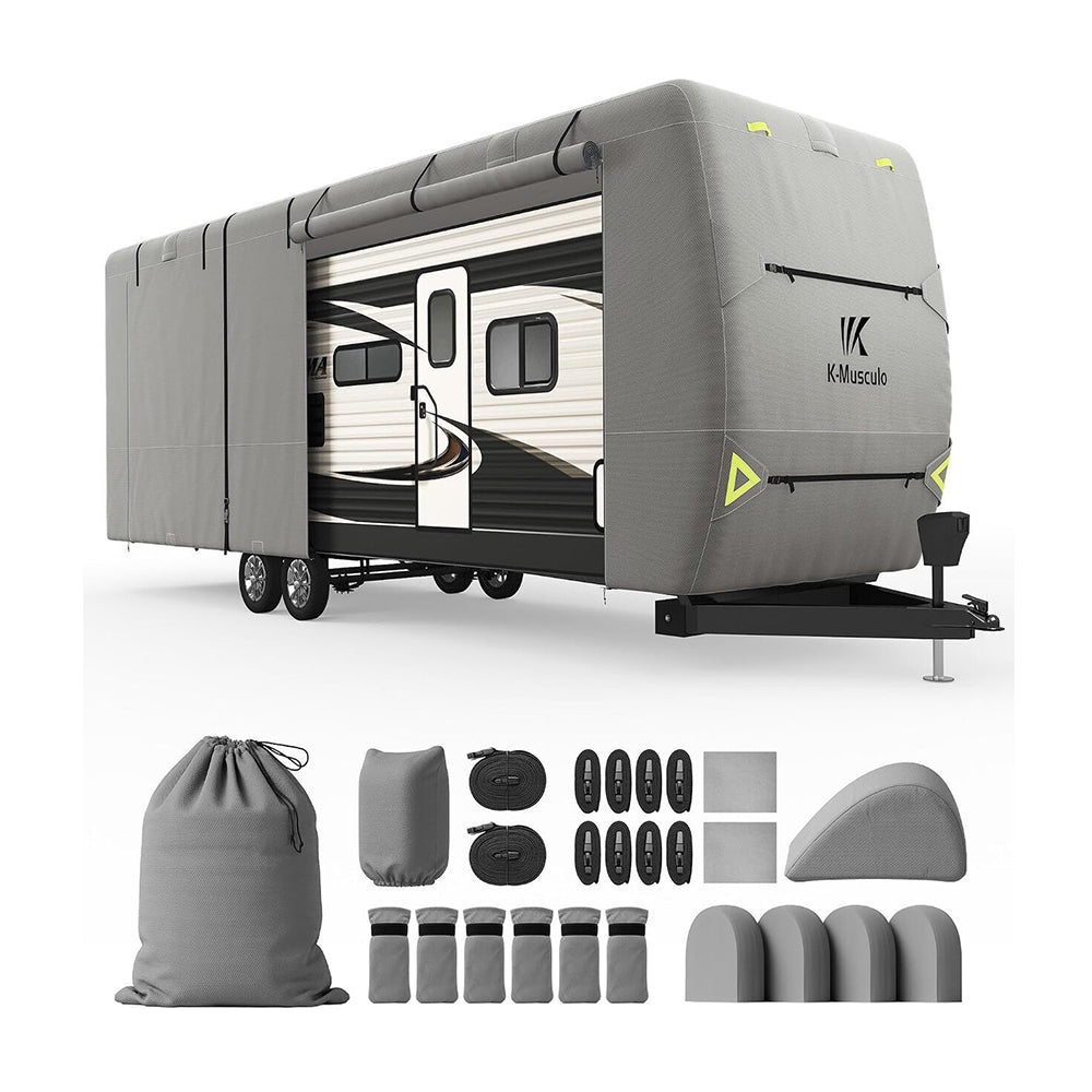 K-Musculo Travel Trailer Cover, Heavy Duty Waterproof RV Cover with 4 Tire Covers & Tongue Jack Cover